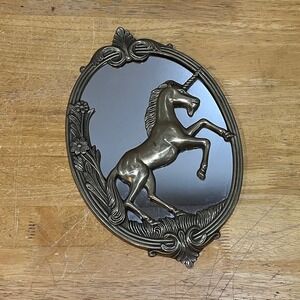 Vintage Price Products Solid Brass Unicorn Mirror Oval Wall Decor Fantasy 12.5in